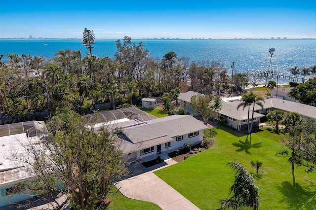 birds eye view of property featuring a water view