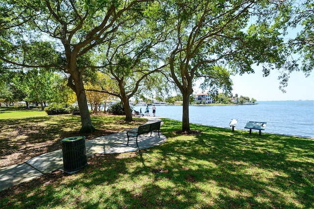 view of property's community featuring a yard and a water view