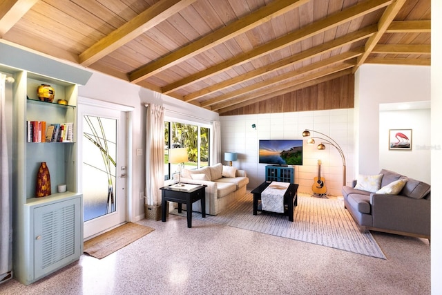 426 S Shore Dr, Sarasota, FL 34234 - living room with wood ceiling, lofted ceiling with beams, and speckled floor