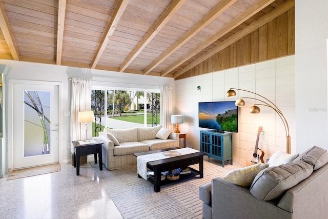 426 S Shore Dr, Sarasota, FL 34234 - living room featuring speckled floor, wooden ceiling, and lofted ceiling with beams