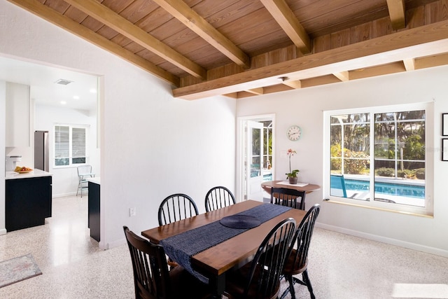 426 S Shore Dr, Sarasota, FL 34234 - dining area with baseboards, visible vents, wood ceiling, and lofted ceiling with beams