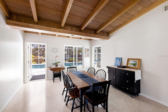 426 S Shore Dr, Sarasota, FL 34234 - dining room with wood ceiling, light speckled floor, visible vents, and beamed ceiling