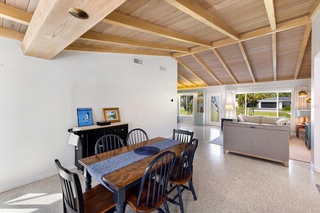 426 S Shore Dr, Sarasota, FL 34234 - dining area with lofted ceiling with beams, wooden ceiling, visible vents, and speckled floor