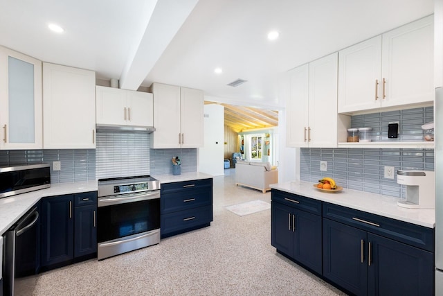 426 S Shore Dr, Sarasota, FL 34234 - kitchen featuring white cabinets, blue cabinetry, appliances with stainless steel finishes, beam ceiling, and visible vents