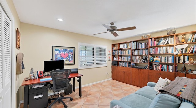 home office featuring light tile patterned floors, recessed lighting, baseboards, and ceiling fan