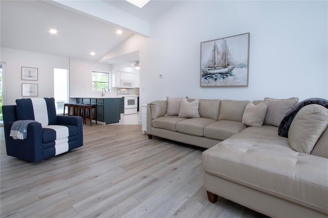 800 Everest Rd, Venice, FL 34293 - living area featuring recessed lighting, light wood-style floors, ceiling fan, beam ceiling, and high vaulted ceiling