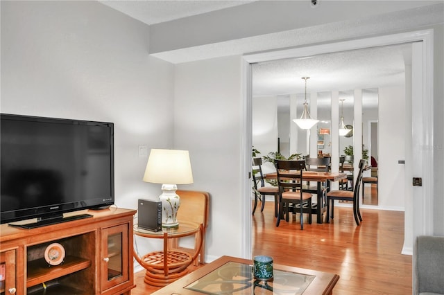 living area featuring baseboards and light wood-style floors