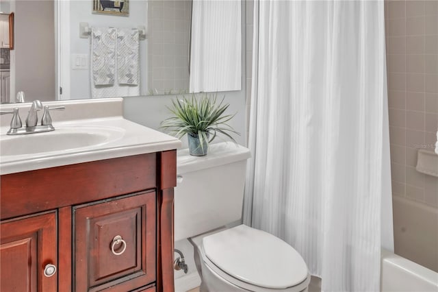 bathroom featuring toilet, vanity, and shower / bathtub combination with curtain