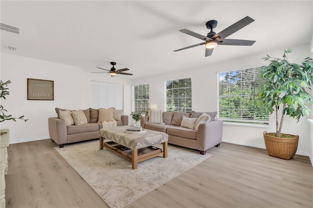 living area featuring light wood-type flooring, visible vents, and plenty of natural light