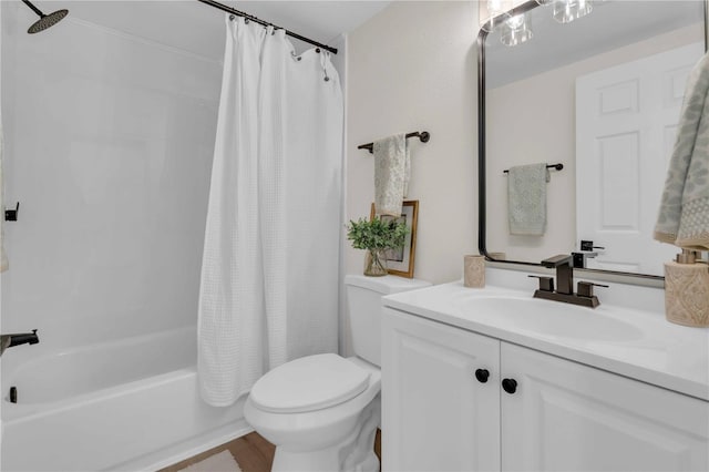 bathroom featuring shower / tub combo, toilet, wood finished floors, and vanity