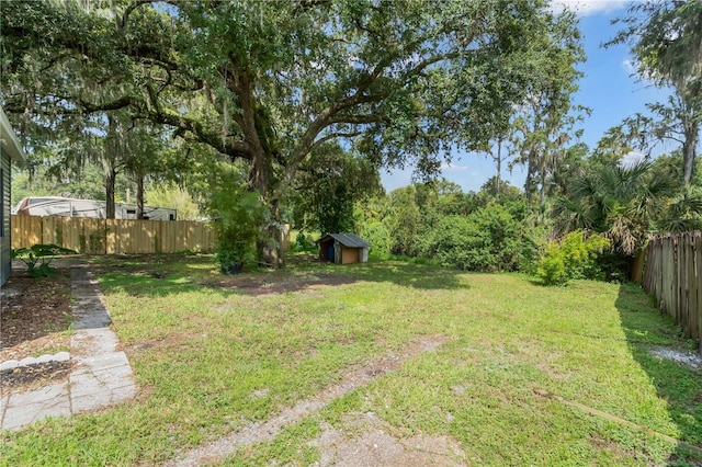 view of yard featuring an outdoor structure, a storage unit, and a fenced backyard