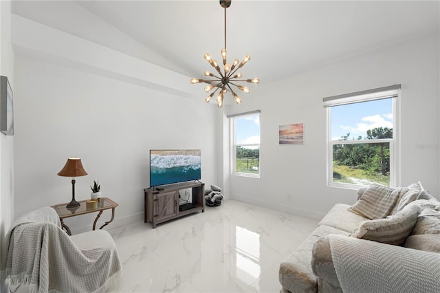 living area with lofted ceiling, marble finish floor, baseboards, and an inviting chandelier