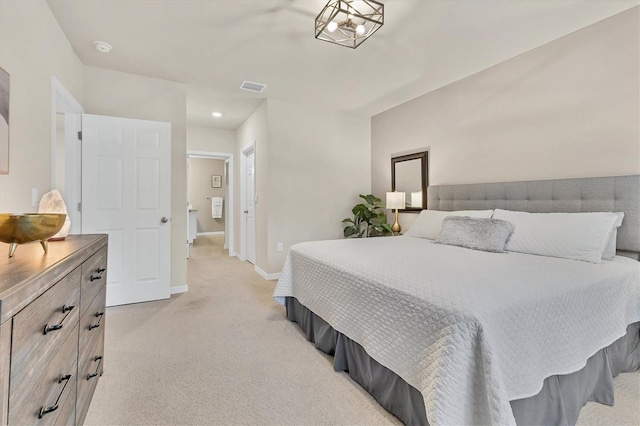 bedroom with recessed lighting, light colored carpet, visible vents, and baseboards