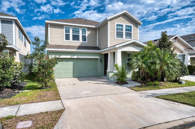 view of front of property with a garage, stucco siding, driveway, and a shingled roof