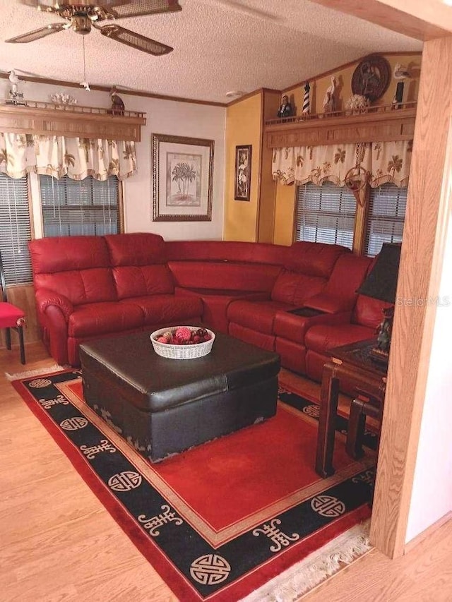 living room featuring wood finished floors, a textured ceiling, ceiling fan, and ornamental molding