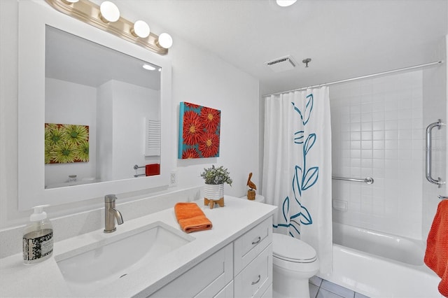 full bath with visible vents, toilet, tile patterned floors, shower / bath combination with curtain, and vanity