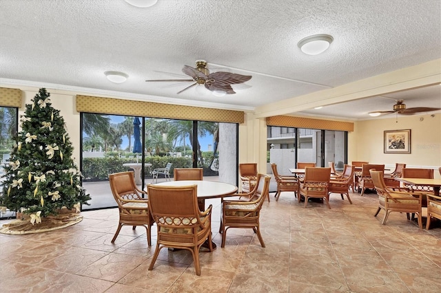 dining area featuring a textured ceiling, a ceiling fan, and ornamental molding