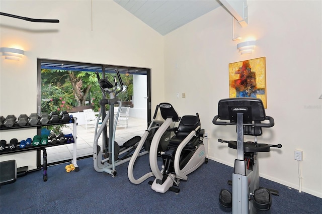 workout area featuring baseboards and high vaulted ceiling