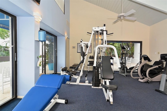 workout area with a healthy amount of sunlight, ceiling fan, and vaulted ceiling