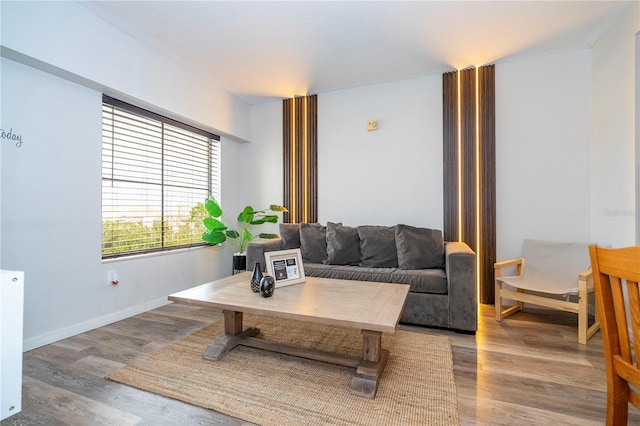 living area with baseboards and wood finished floors