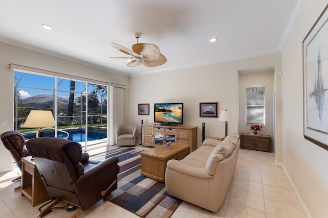 living room with light tile patterned floors, recessed lighting, baseboards, and ornamental molding