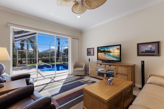 living area featuring a ceiling fan, crown molding, a sunroom, baseboards, and light colored carpet