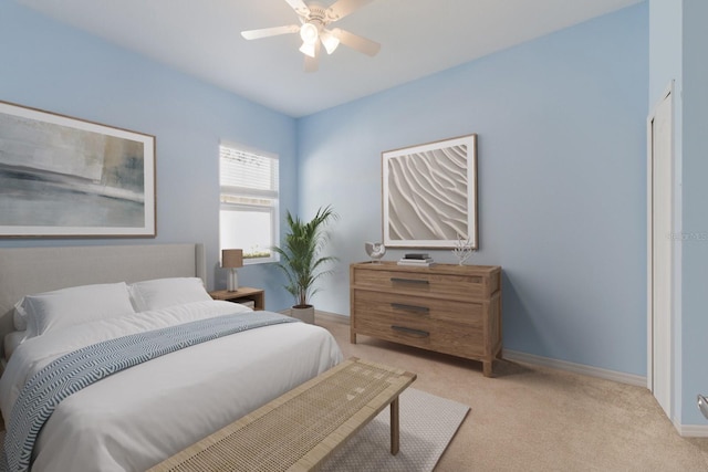 bedroom featuring baseboards, light carpet, and a ceiling fan