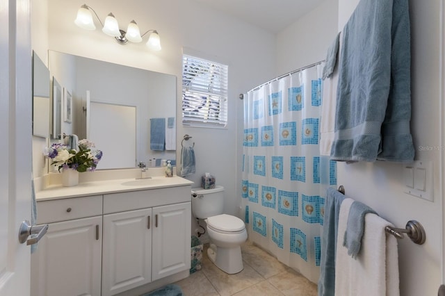 full bathroom featuring vanity, tile patterned floors, curtained shower, and toilet