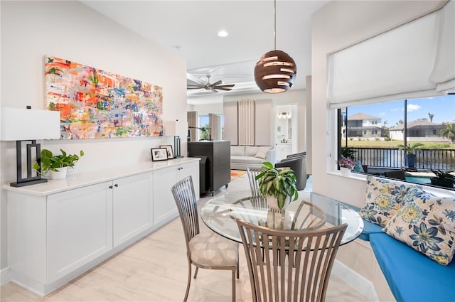 dining space with a wealth of natural light, light wood-type flooring, ceiling fan, and recessed lighting