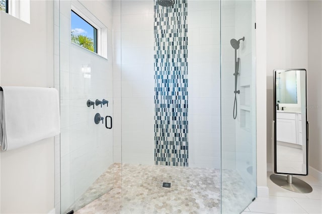 bathroom featuring tile patterned floors, a shower stall, and vanity