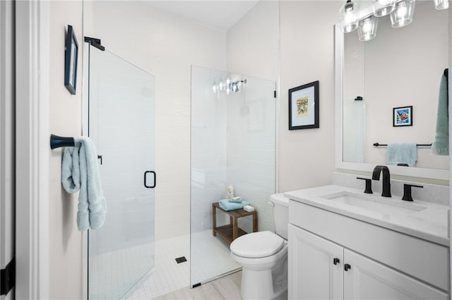 full bathroom featuring a shower stall, toilet, and vanity