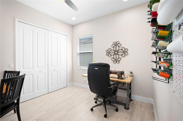 office space featuring recessed lighting, light wood-style flooring, baseboards, and ceiling fan