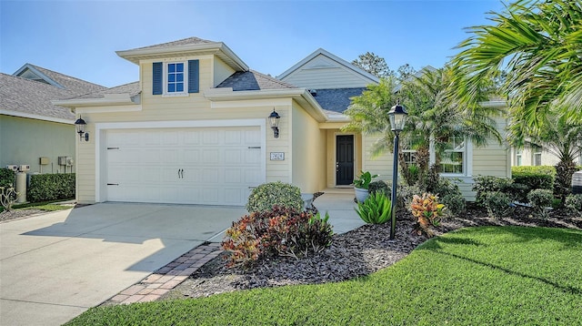 view of front of property featuring an attached garage, driveway, and a shingled roof