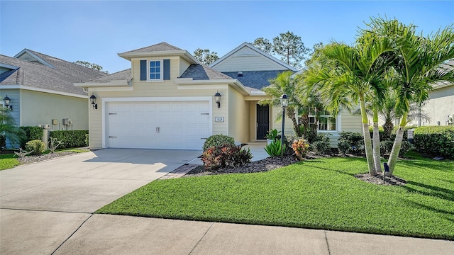 view of front of home with a garage, concrete driveway, a front lawn, and a shingled roof