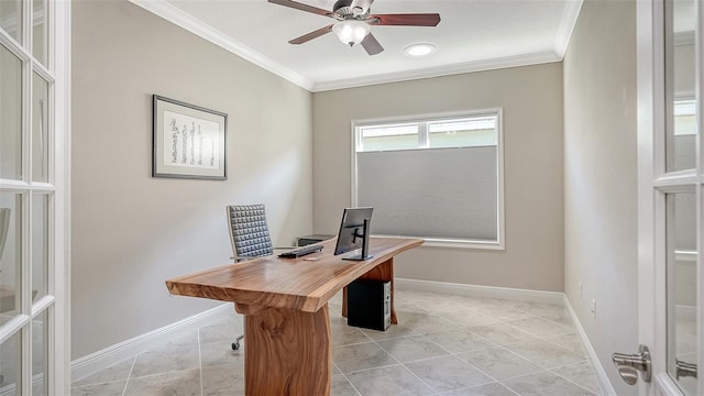 office area with baseboards, a ceiling fan, and crown molding