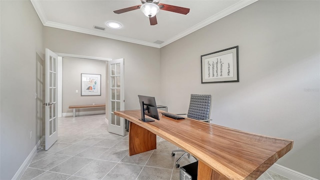 office space with visible vents, baseboards, light tile patterned flooring, ornamental molding, and french doors