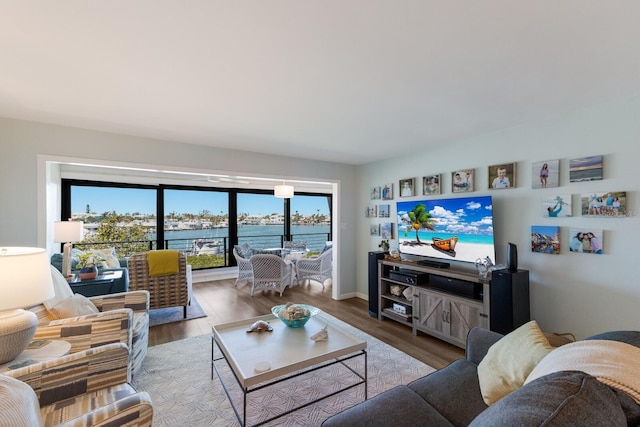 living room featuring wood finished floors and baseboards