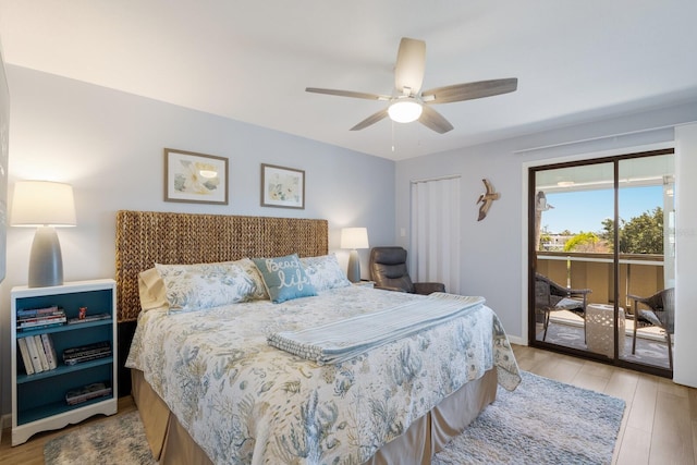 bedroom featuring access to exterior, light wood-style floors, baseboards, and ceiling fan