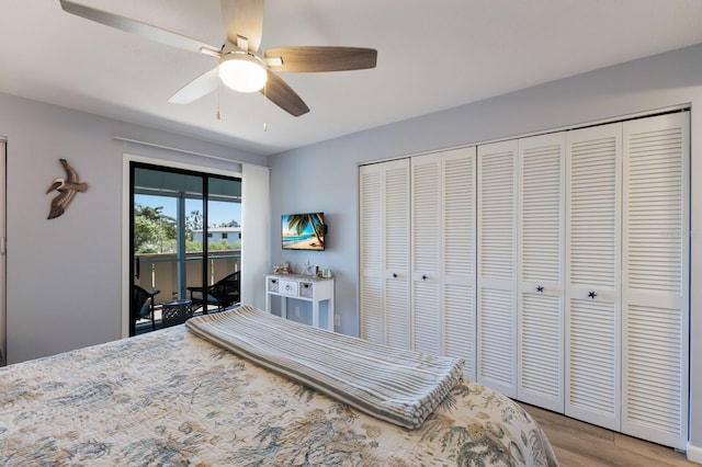 bedroom with a closet, light wood-style flooring, ceiling fan, and access to outside