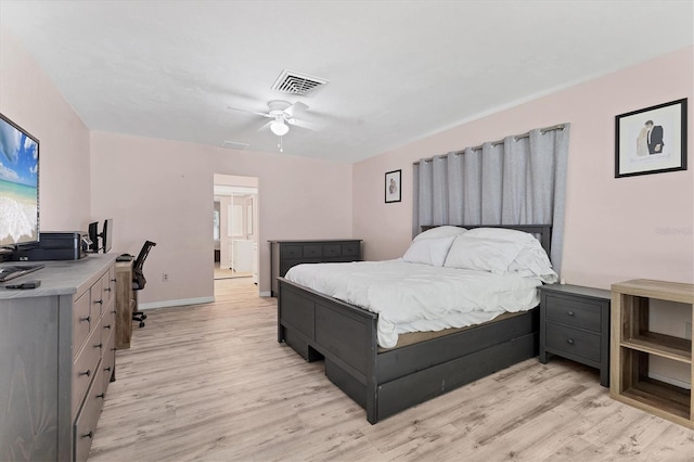 bedroom featuring visible vents, light wood-style flooring, baseboards, and ceiling fan