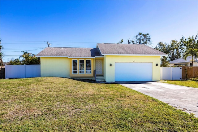 4659 Alligator Dr, Venice, FL 34293 - ranch-style home with stucco siding, an attached garage, driveway, and fence