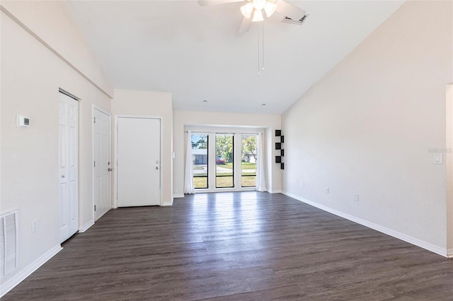 4659 Alligator Dr, Venice, FL 34293 - interior space featuring visible vents, dark wood-type flooring, high vaulted ceiling, baseboards, and ceiling fan