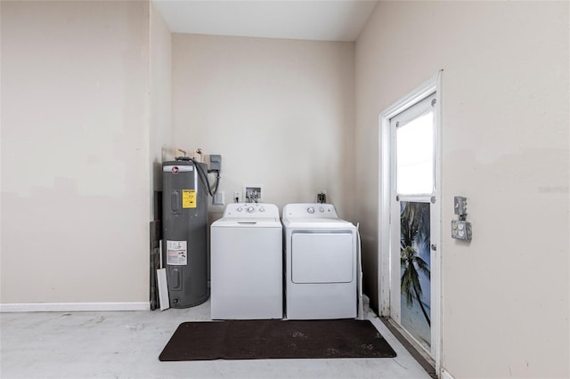 4659 Alligator Dr, Venice, FL 34293 - laundry room featuring water heater, laundry area, baseboards, and washing machine and clothes dryer