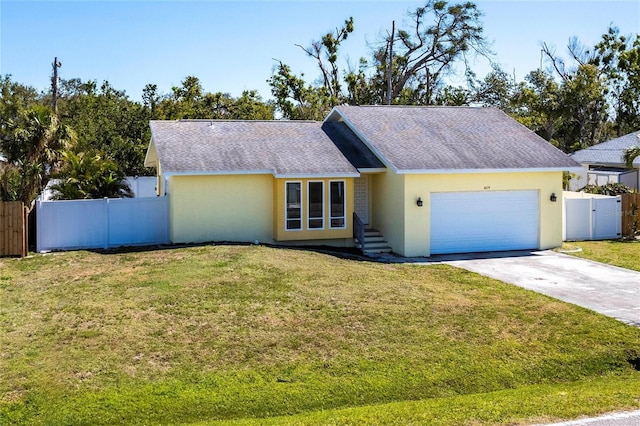 4659 Alligator Dr, Venice, FL 34293 - ranch-style house with fence, concrete driveway, a front yard, stucco siding, and an attached garage
