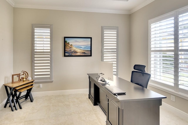 home office featuring light tile patterned floors, baseboards, and crown molding