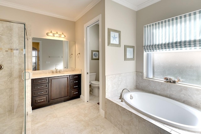 bathroom featuring a shower stall, toilet, ornamental molding, a bath, and vanity