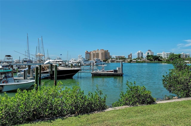 view of dock featuring a water view and a view of city