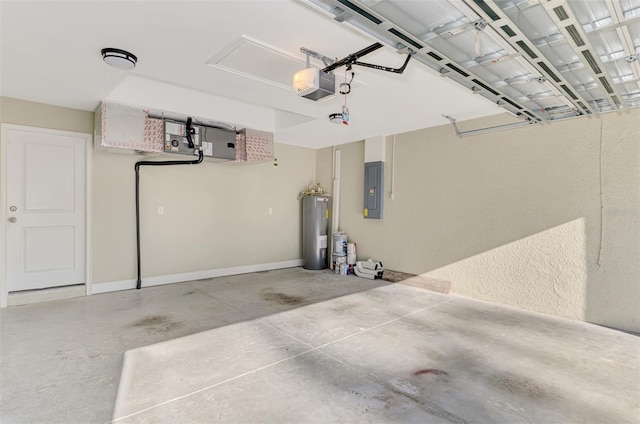 garage with water heater, baseboards, a garage door opener, and electric panel