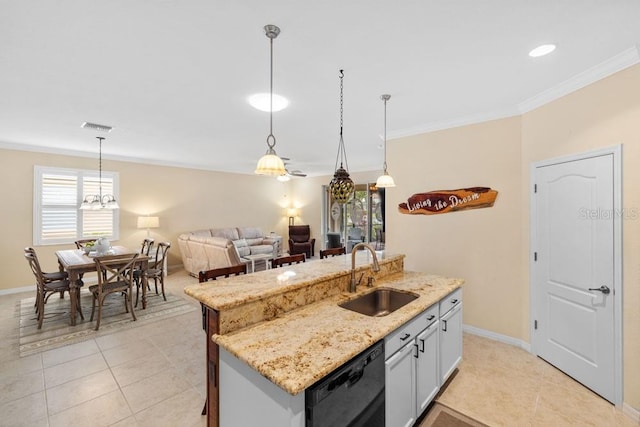 kitchen with visible vents, light tile patterned flooring, a sink, black dishwasher, and crown molding