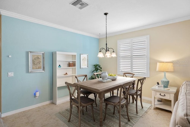 dining room featuring baseboards, visible vents, light tile patterned flooring, crown molding, and a chandelier